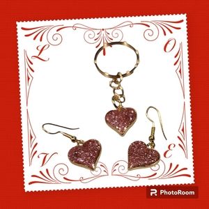 New Glitter Heart Dangle Drop Earrings & Matching Keychain Bundle